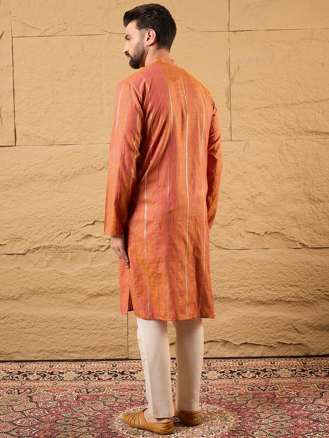 Ethnic Bay Men Orange Pure Cotton Solid Embroidered Straight Kurta with Trouser-MKSET1196