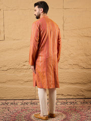 Ethnic Bay Men Orange Pure Cotton Solid Embroidered Straight Kurta with Trouser-MKSET1196