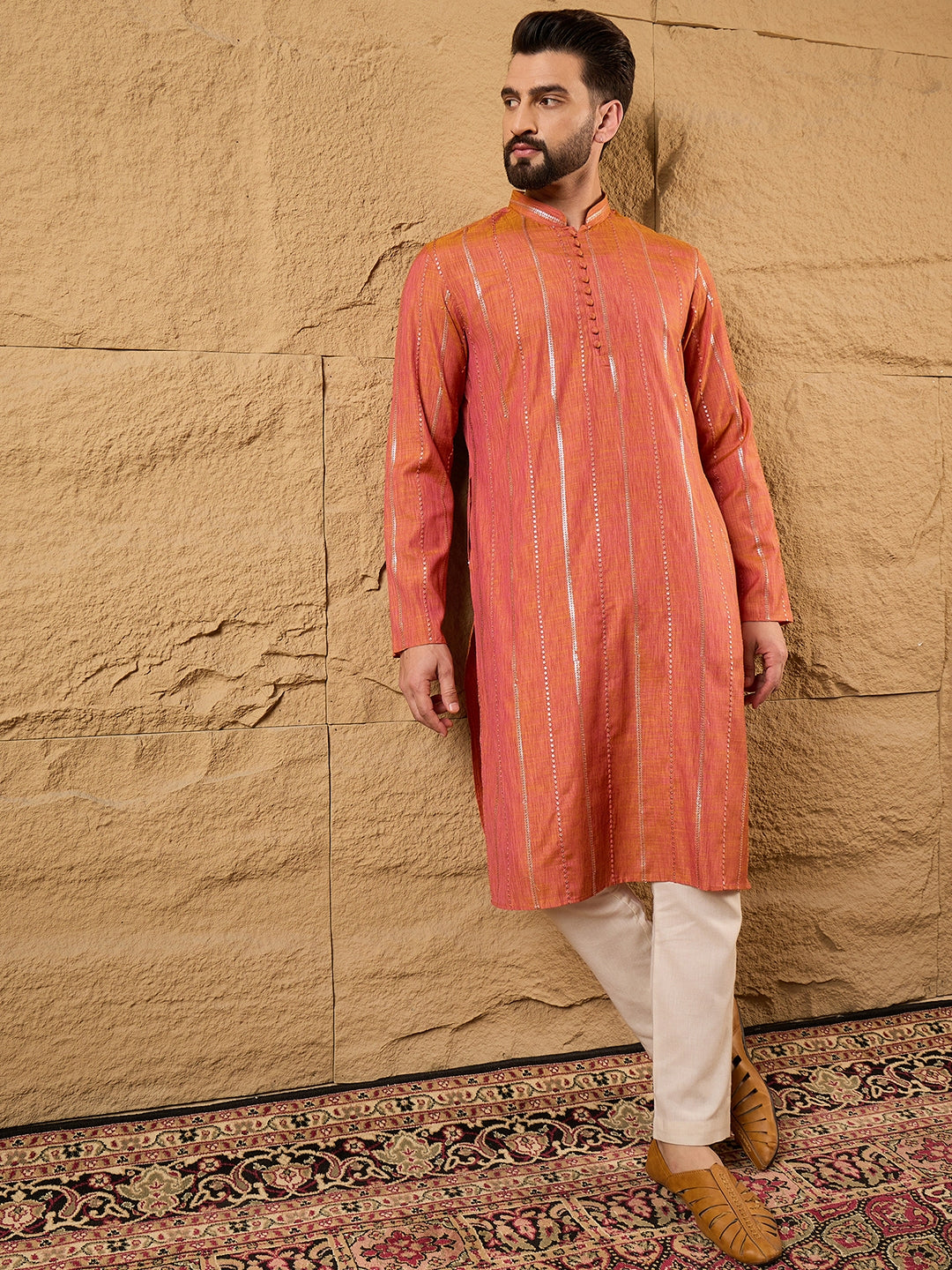 Ethnic Bay Men Orange Pure Cotton Solid Embroidered Straight Kurta with Trouser-MKSET1196