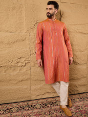 Ethnic Bay Men Orange Pure Cotton Solid Embroidered Straight Kurta with Trouser-MKSET1196