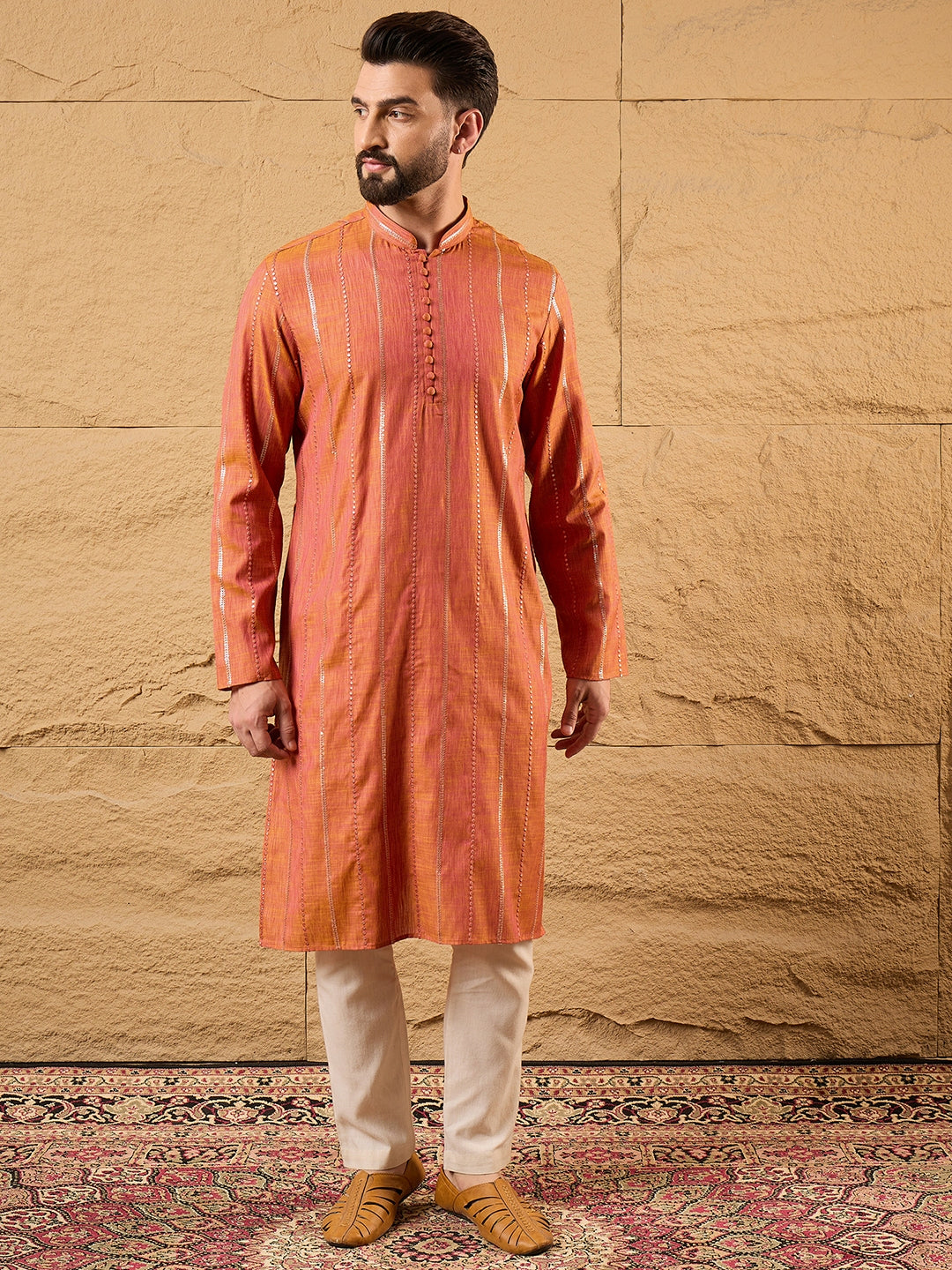 Ethnic Bay Men Orange Pure Cotton Solid Embroidered Straight Kurta with Trouser-MKSET1196