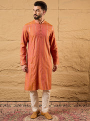 Ethnic Bay Men Orange Pure Cotton Solid Embroidered Straight Kurta with Trouser-MKSET1196