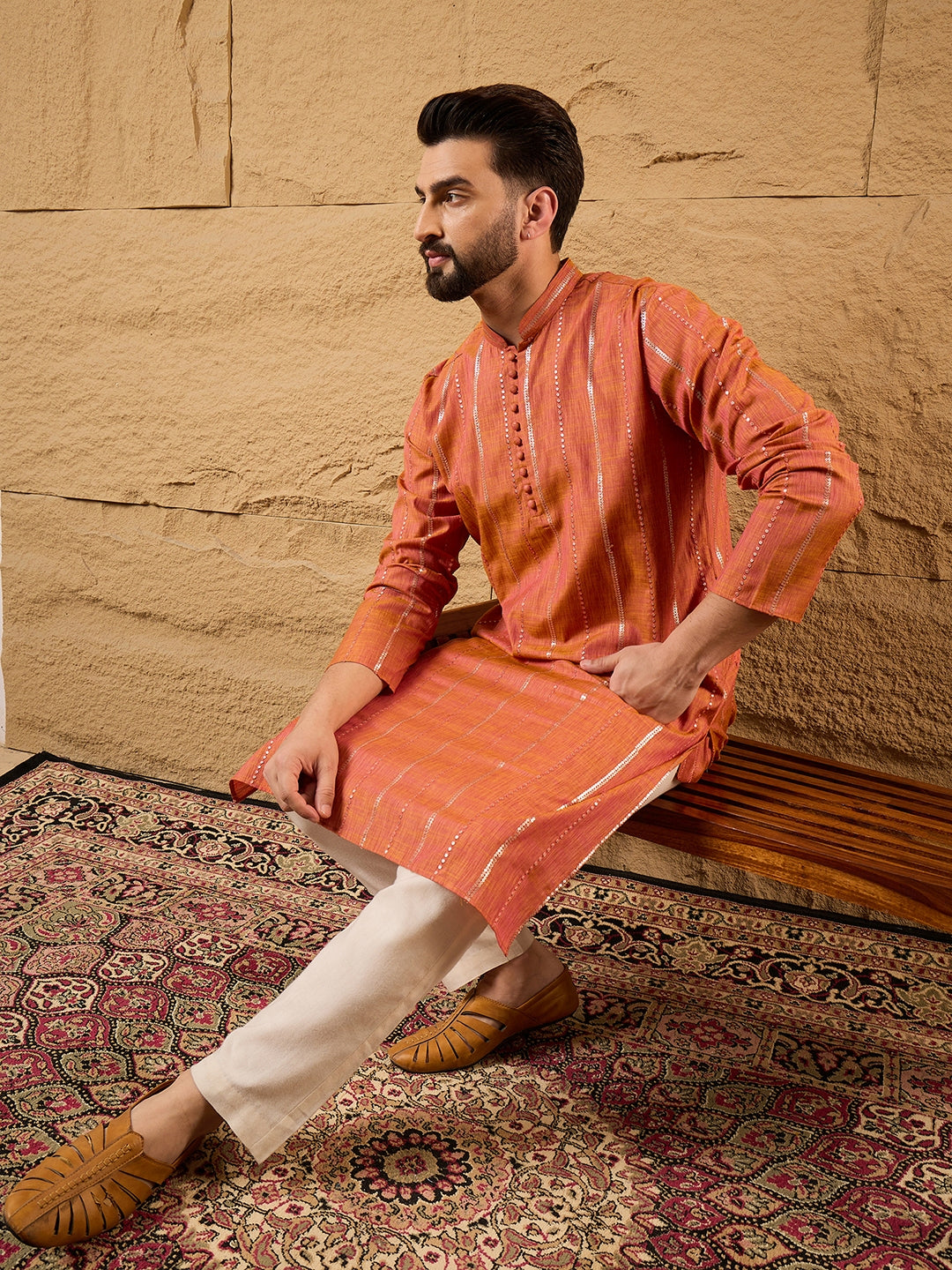 Ethnic Bay Men Orange Pure Cotton Solid Embroidered Straight Kurta with Trouser-MKSET1196