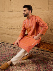 Ethnic Bay Men Orange Pure Cotton Solid Embroidered Straight Kurta with Trouser-MKSET1196