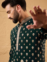Ethnic Bay Men Green Georgette Solid Embroidered Straight Kurta with Trouser-MKSET1199