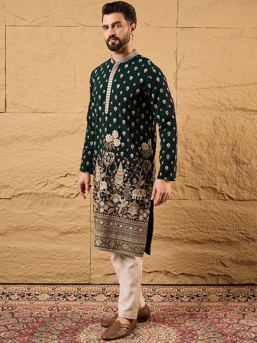 Ethnic Bay Men Green Georgette Solid Embroidered Straight Kurta with Trouser-MKSET1199