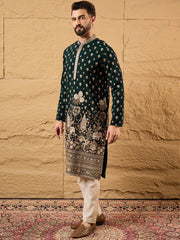 Ethnic Bay Men Green Georgette Solid Embroidered Straight Kurta with Trouser-MKSET1199