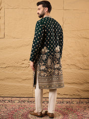 Ethnic Bay Men Green Georgette Solid Embroidered Straight Kurta with Trouser-MKSET1199