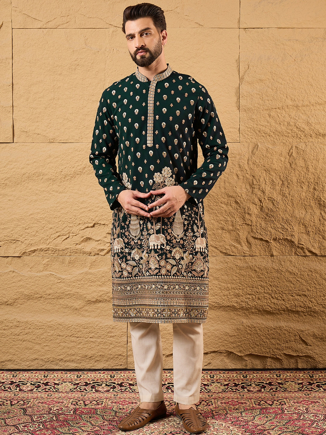 Ethnic Bay Men Green Georgette Solid Embroidered Straight Kurta with Trouser-MKSET1199