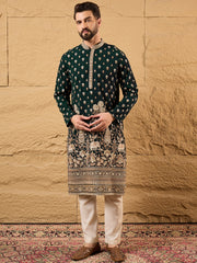 Ethnic Bay Men Green Georgette Solid Embroidered Straight Kurta with Trouser-MKSET1199