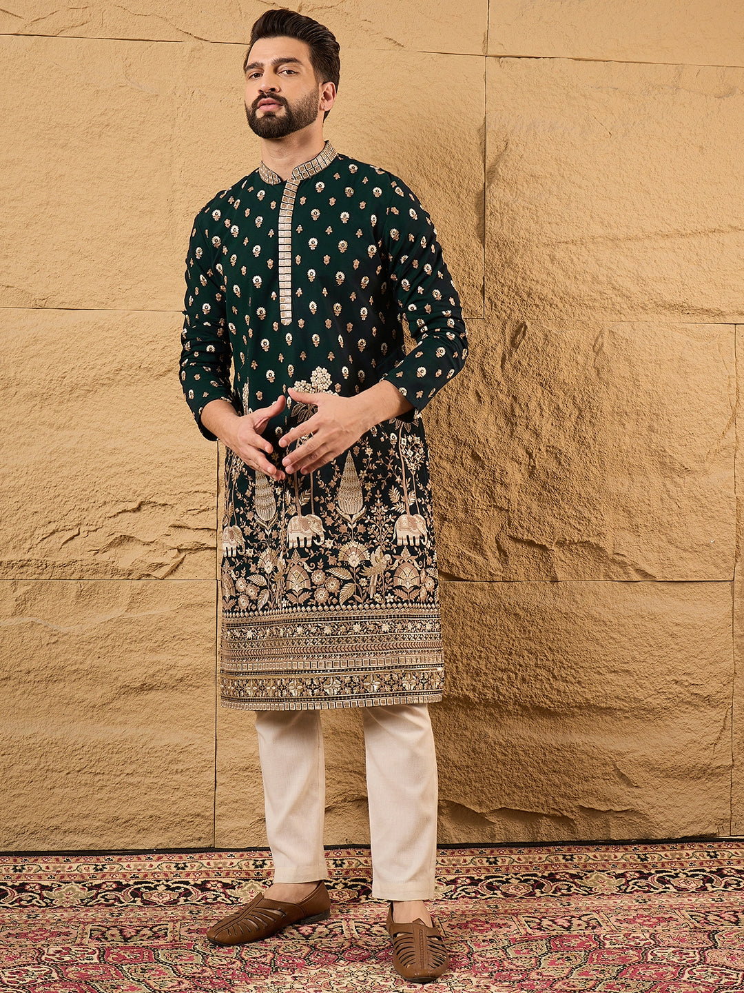 Ethnic Bay Men Green Georgette Solid Embroidered Straight Kurta with Trouser-MKSET1199