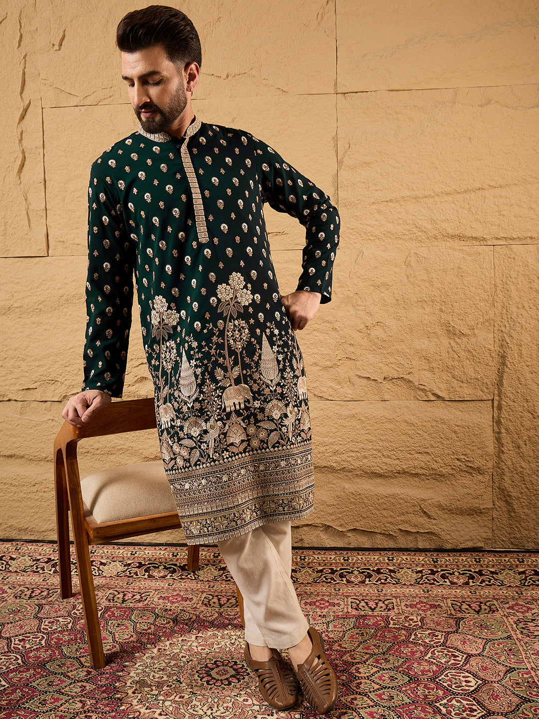 Ethnic Bay Men Green Georgette Solid Embroidered Straight Kurta with Trouser-MKSET1199