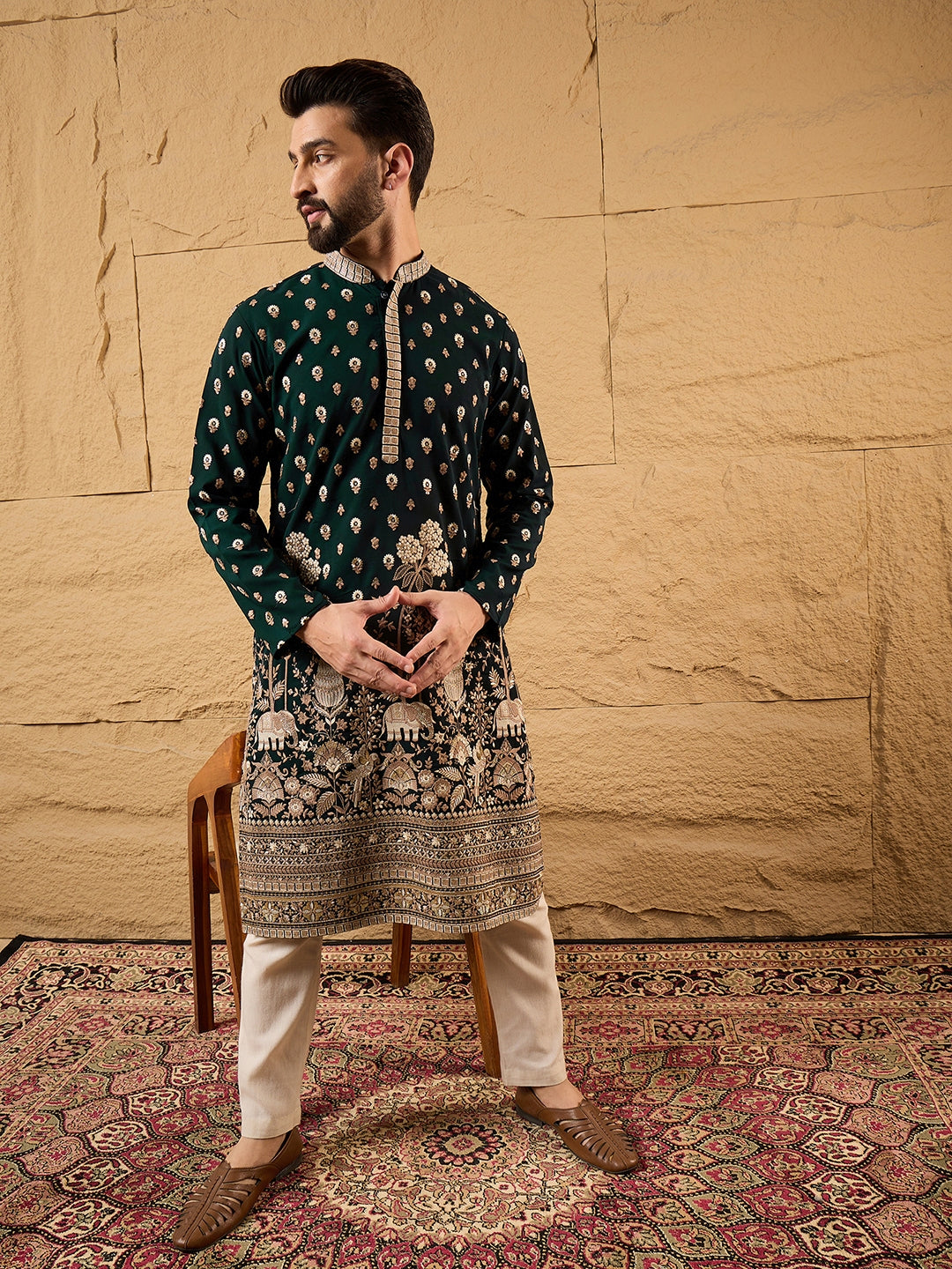 Ethnic Bay Men Green Georgette Solid Embroidered Straight Kurta with Trouser-MKSET1199