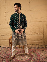 Ethnic Bay Men Green Georgette Solid Embroidered Straight Kurta with Trouser-MKSET1199