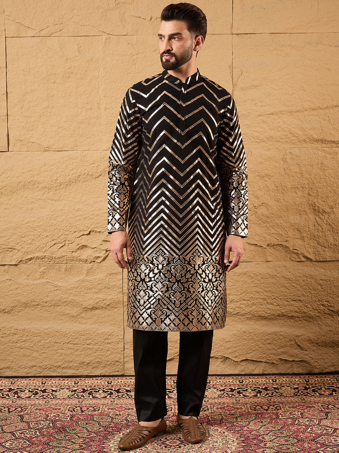 Ethnic Bay Men Black Georgette Solid Embroidered Straight Kurta with Trouser-MKSET1200