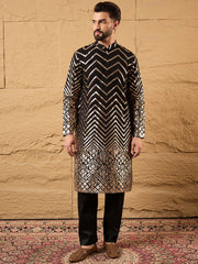 Ethnic Bay Men Black Georgette Solid Embroidered Straight Kurta with Trouser-MKSET1200