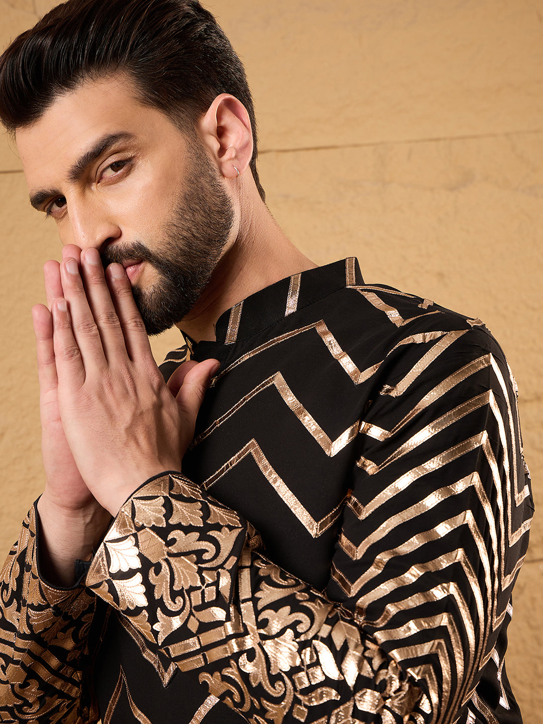 Ethnic Bay Men Black Georgette Solid Embroidered Straight Kurta with Trouser-MKSET1200