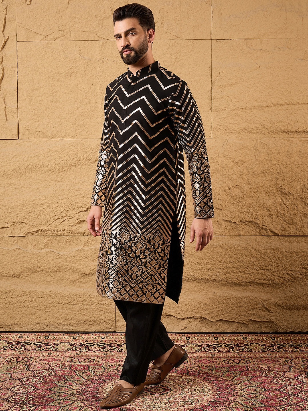 Ethnic Bay Men Black Georgette Solid Embroidered Straight Kurta with Trouser-MKSET1200