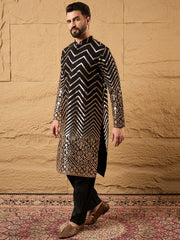 Ethnic Bay Men Black Georgette Solid Embroidered Straight Kurta with Trouser-MKSET1200