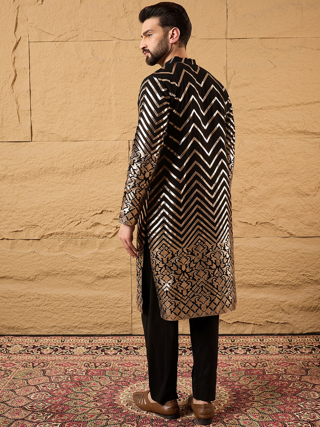 Ethnic Bay Men Black Georgette Solid Embroidered Straight Kurta with Trouser-MKSET1200