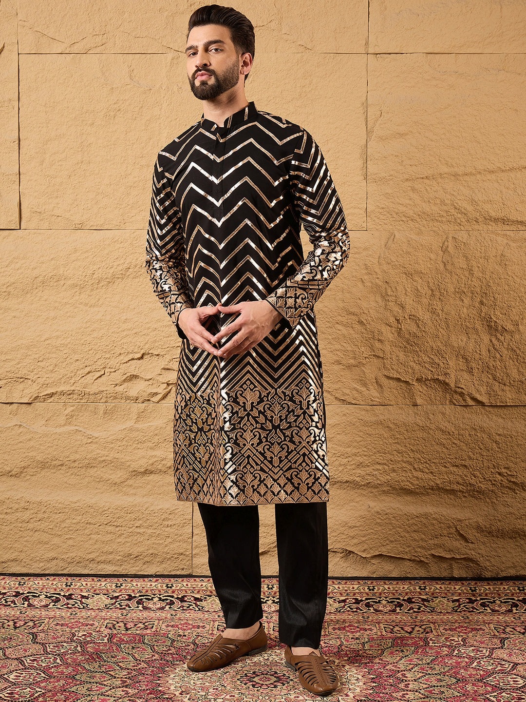 Ethnic Bay Men Black Georgette Solid Embroidered Straight Kurta with Trouser-MKSET1200