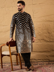 Ethnic Bay Men Black Georgette Solid Embroidered Straight Kurta with Trouser-MKSET1200