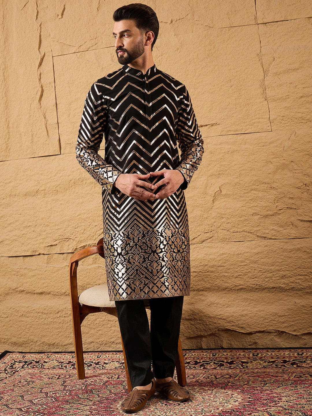 Ethnic Bay Men Black Georgette Solid Embroidered Straight Kurta with Trouser-MKSET1200