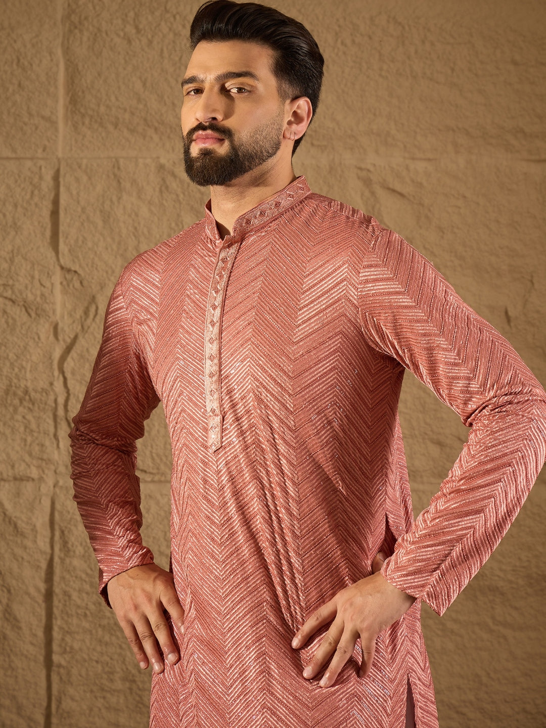 Ethnic Bay Men Pink Viscose Rayon Solid Embroidered Straight Kurta with Trousers-MKSET1201
