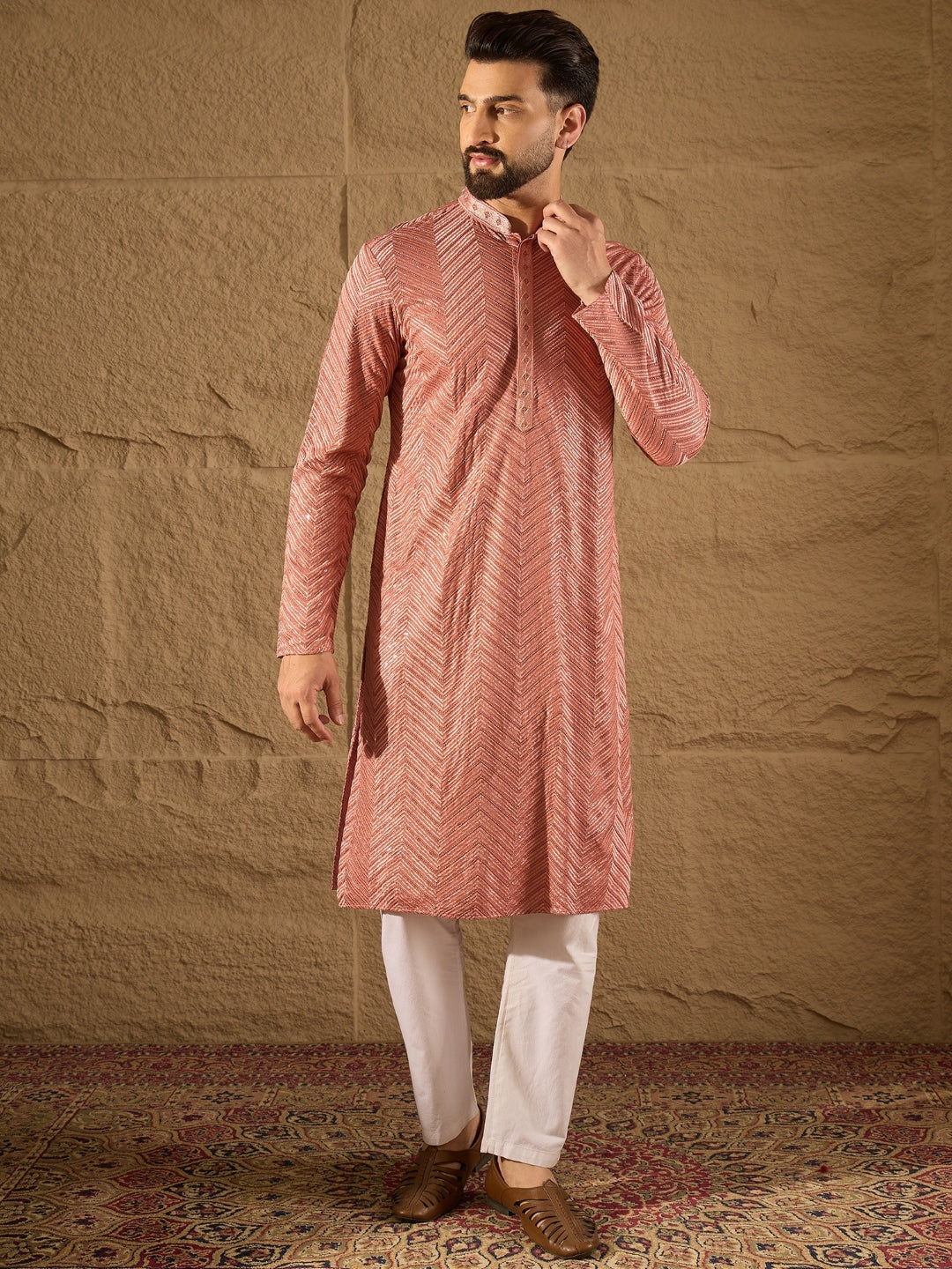 Ethnic Bay Men Pink Viscose Rayon Solid Embroidered Straight Kurta with Trousers-MKSET1201