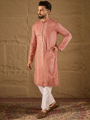 Ethnic Bay Men Pink Viscose Rayon Solid Embroidered Straight Kurta with Trousers-MKSET1201