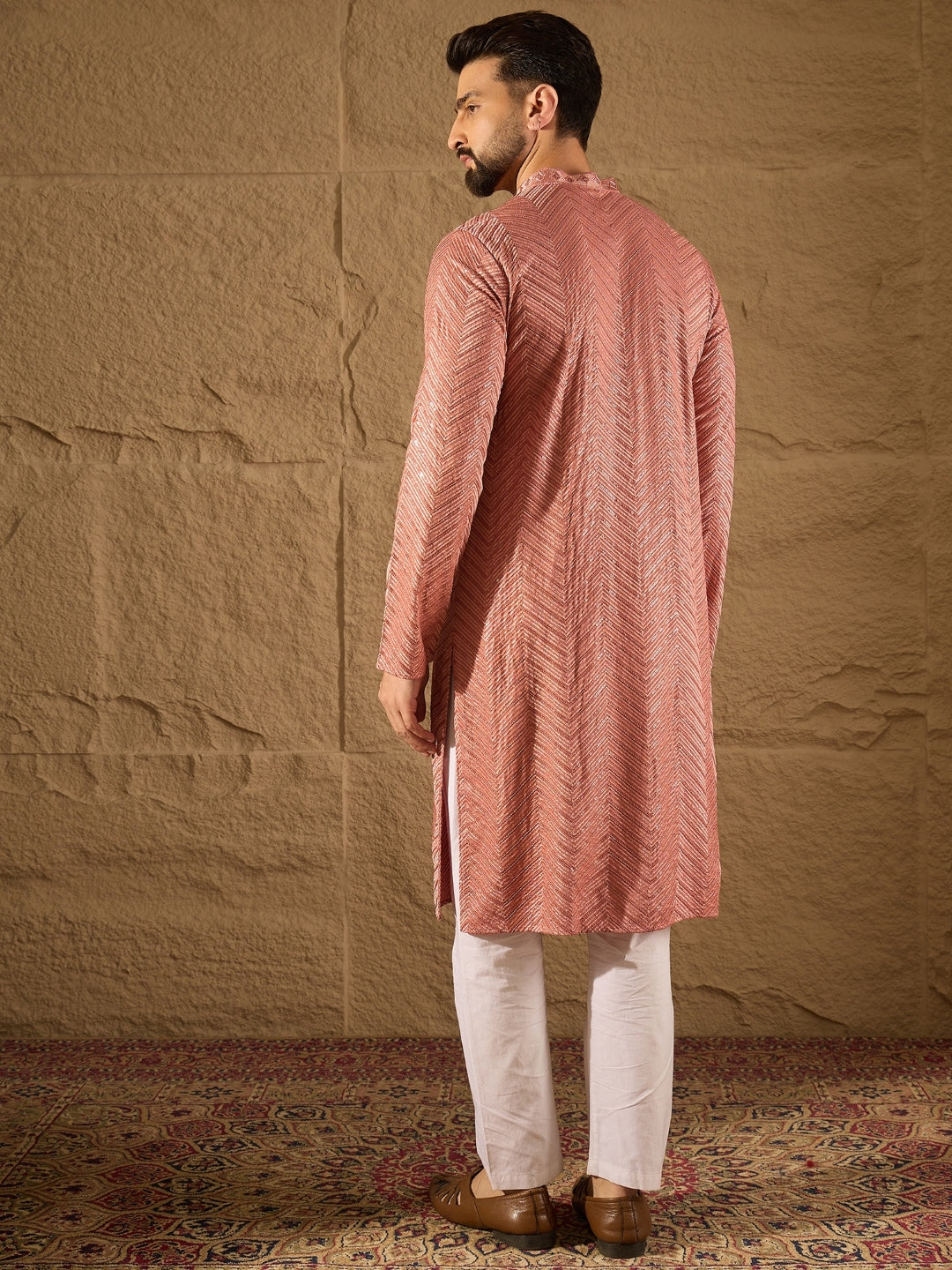 Ethnic Bay Men Pink Viscose Rayon Solid Embroidered Straight Kurta with Trousers-MKSET1201
