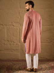 Ethnic Bay Men Pink Viscose Rayon Solid Embroidered Straight Kurta with Trousers-MKSET1201