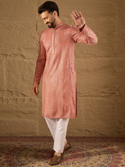 Ethnic Bay Men Pink Viscose Rayon Solid Embroidered Straight Kurta with Trousers-MKSET1201