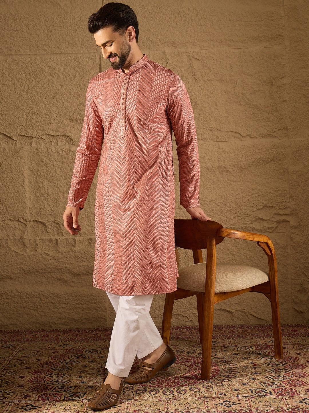 Ethnic Bay Men Pink Viscose Rayon Solid Embroidered Straight Kurta with Trousers-MKSET1201
