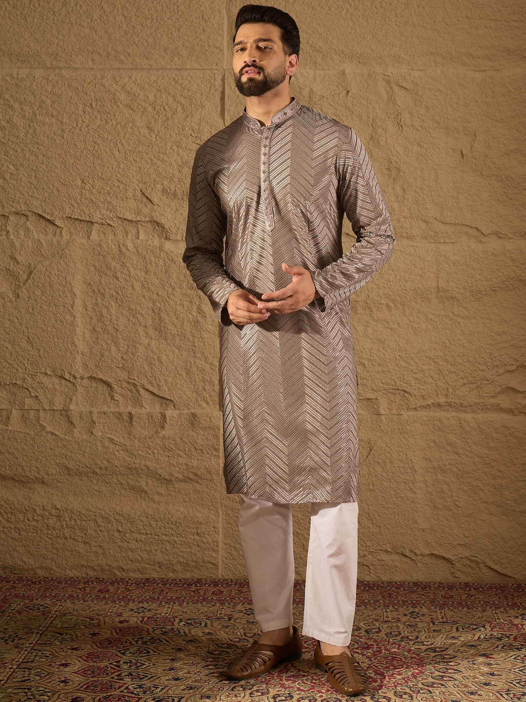 Ethnic Bay Men Grey Viscose Rayon Solid Embroidered Straight Kurta with Trousers-MKSET1202