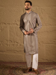 Ethnic Bay Men Grey Viscose Rayon Solid Embroidered Straight Kurta with Trousers-MKSET1202