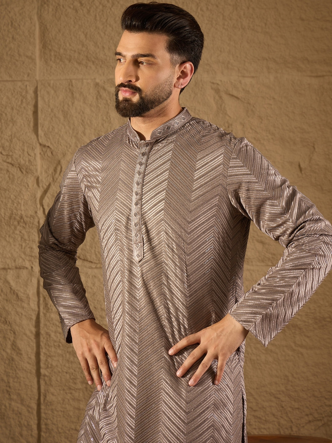 Ethnic Bay Men Grey Viscose Rayon Solid Embroidered Straight Kurta with Trousers-MKSET1202