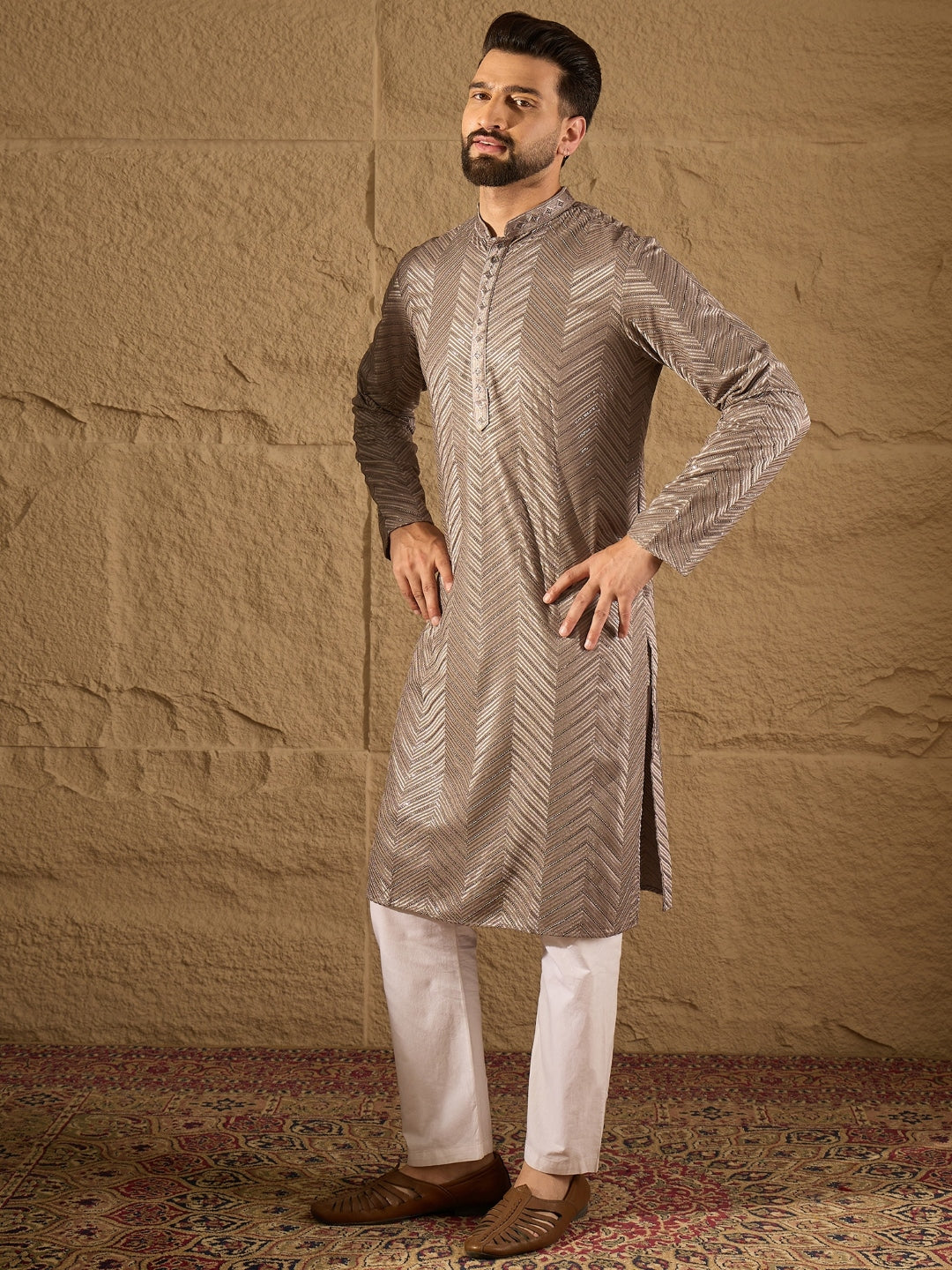 Ethnic Bay Men Grey Viscose Rayon Solid Embroidered Straight Kurta with Trousers-MKSET1202
