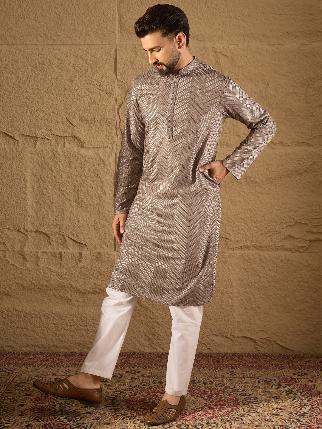 Ethnic Bay Men Grey Viscose Rayon Solid Embroidered Straight Kurta with Trousers-MKSET1202
