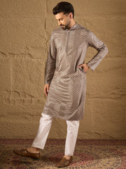 Ethnic Bay Men Grey Viscose Rayon Solid Embroidered Straight Kurta with Trousers-MKSET1202