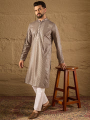 Ethnic Bay Men Grey Viscose Rayon Solid Embroidered Straight Kurta with Trousers-MKSET1202