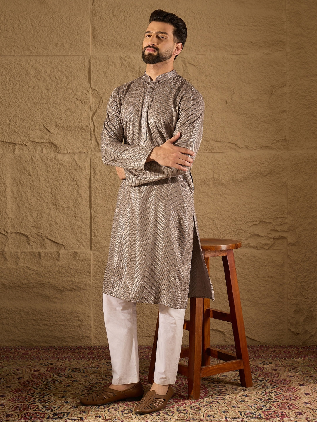 Ethnic Bay Men Grey Viscose Rayon Solid Embroidered Straight Kurta with Trousers-MKSET1202