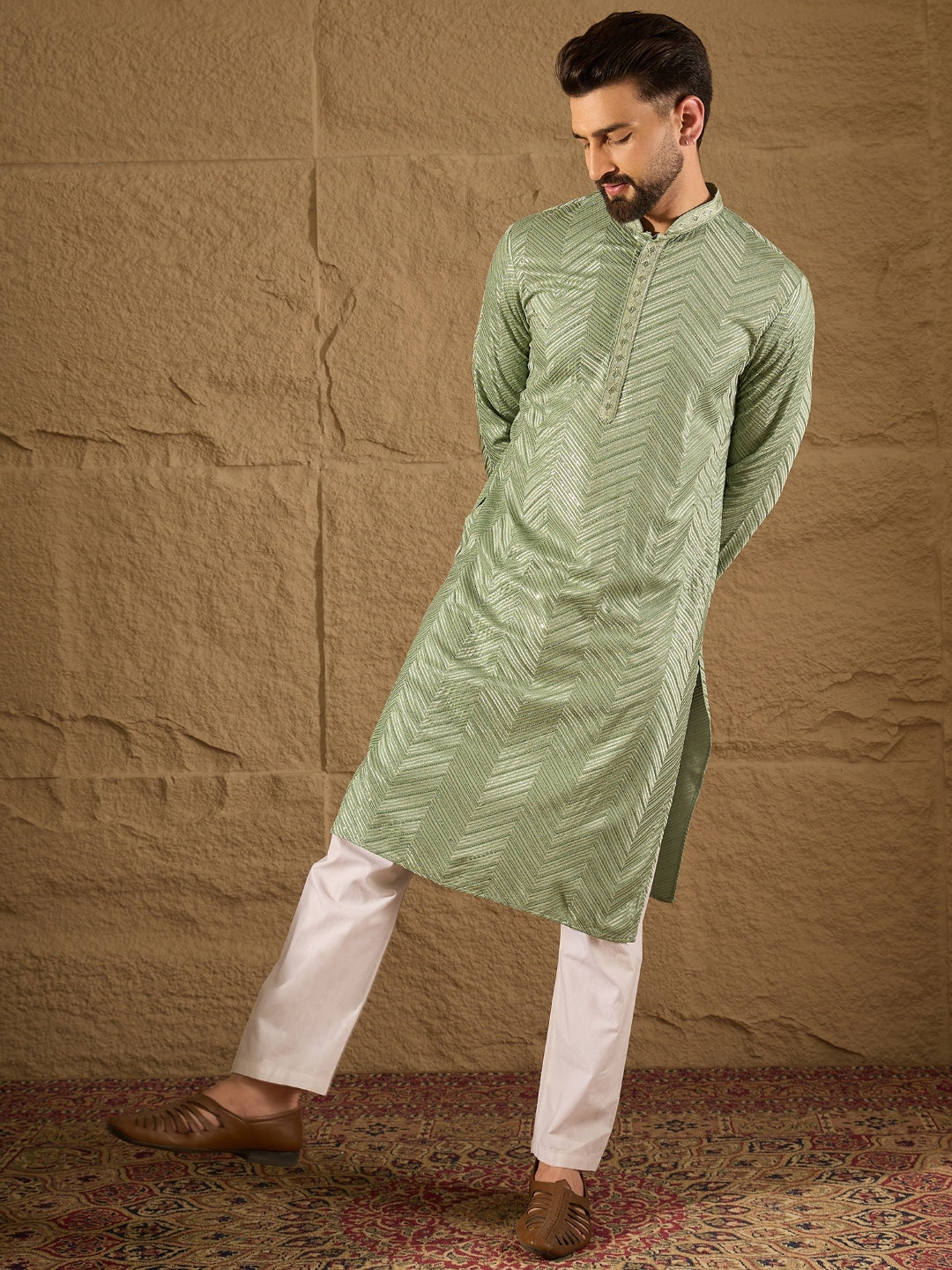 Ethnic Bay Men Green Viscose Rayon Solid Embroidered Straight Kurta with Trouser-MKSET1203
