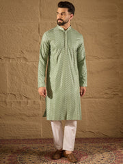 Ethnic Bay Men Green Viscose Rayon Solid Embroidered Straight Kurta with Trouser-MKSET1203
