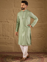 Ethnic Bay Men Green Viscose Rayon Solid Embroidered Straight Kurta with Trouser-MKSET1203