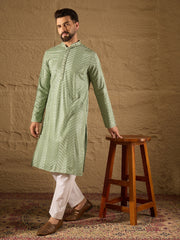 Ethnic Bay Men Green Viscose Rayon Solid Embroidered Straight Kurta with Trouser-MKSET1203