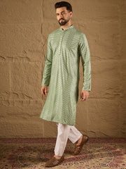 Ethnic Bay Men Green Viscose Rayon Solid Embroidered Straight Kurta with Trouser-MKSET1203