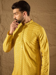 Ethnic Bay Men Yellow Viscose Rayon Solid Embroidered Straight Kurta with Trouser-MKSET1204