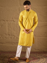Ethnic Bay Men Yellow Viscose Rayon Solid Embroidered Straight Kurta with Trouser-MKSET1204