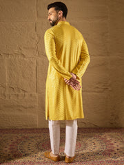 Ethnic Bay Men Yellow Viscose Rayon Solid Embroidered Straight Kurta with Trouser-MKSET1204